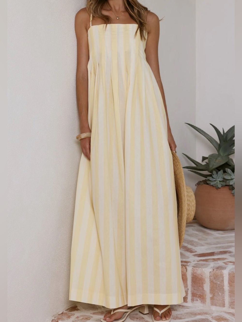 Sleeveless Yellow & White Striped Maxi Dress